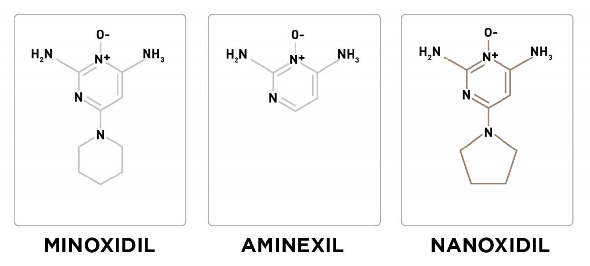 Nanoxidil byl vytvořen jako kombinace aminexilu a minoxidilu. Porovnání chemických vzorců.